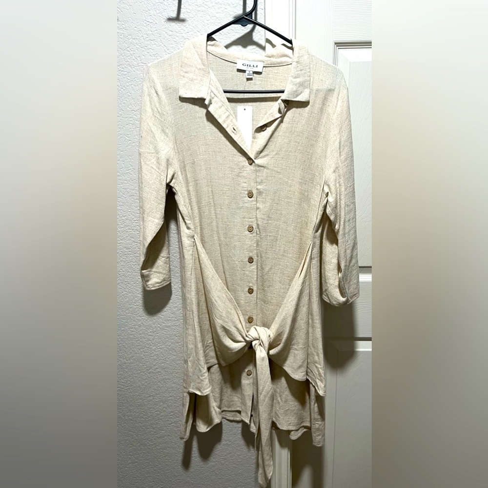 Women’s Size Medium Linen Button Up Dress With Wrap Detailing